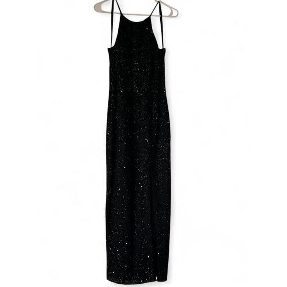 Vintage Y2K Marina B Black Beaded Halter Style Long Dress Leg Slit Size 9/10 - Picture 3 of 8